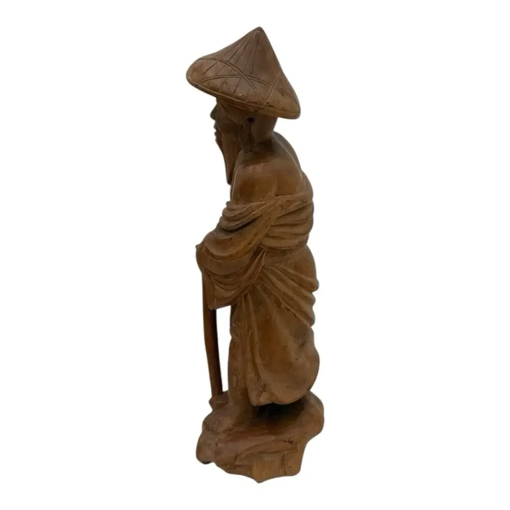 Vtg Hand Carved Wood Chinese Wise Old Man w/walking Stick Statue Figurine 10